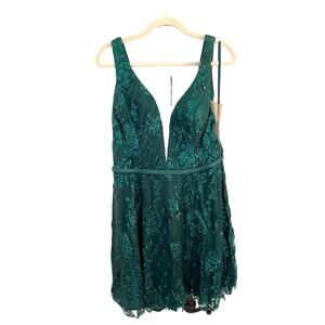 NWT Abby Paris Mini Glitter Floral Embellished Emerald Green Dress, Size 14